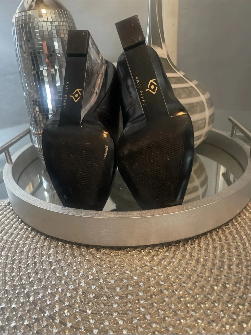 Katie Perry The Mirra Black Pumps with Clear Lucite Block Heel 9.5